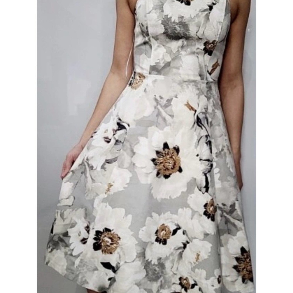 KappAhl Scandanavian Grey White Watercolor Floral Midi Dress Summer  Elegant
